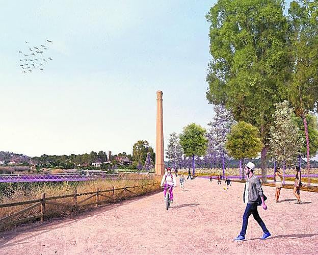 Recreación virtual de la mota del río Segura, enlazada con los jardines de la actual Fábrica de la Pólvora. 