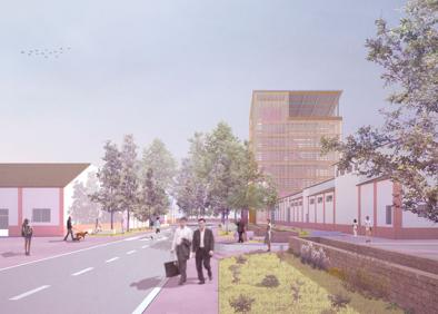 Imagen secundaria 1 - Valla perimetral de la Fábrica de la Pólvora de Javalí Viejo. I. S. / AGM | Recreación virtual del espacio remodelado con el laboratorio experimental y torre mirador añadido, a la izquierda. F. J. Galián | Plano de la zona en que propone actuar el proyecto Fin de Grado de Arquitectura de Francisco José Galián. En morado, la zona de actuación.