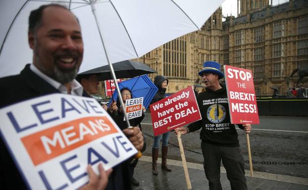 Un grupo de ciudadanos protesta ante el Parlamento británico contra la salida de Reino Unido de la Unión Europea.