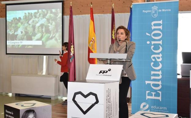 La consejera de Educación, Juventud y Deportes, Adela Martínez-Cachá, este jueves, durante la presentación en Cartagena el Plan de Acción 2019 de Formación Profesional.