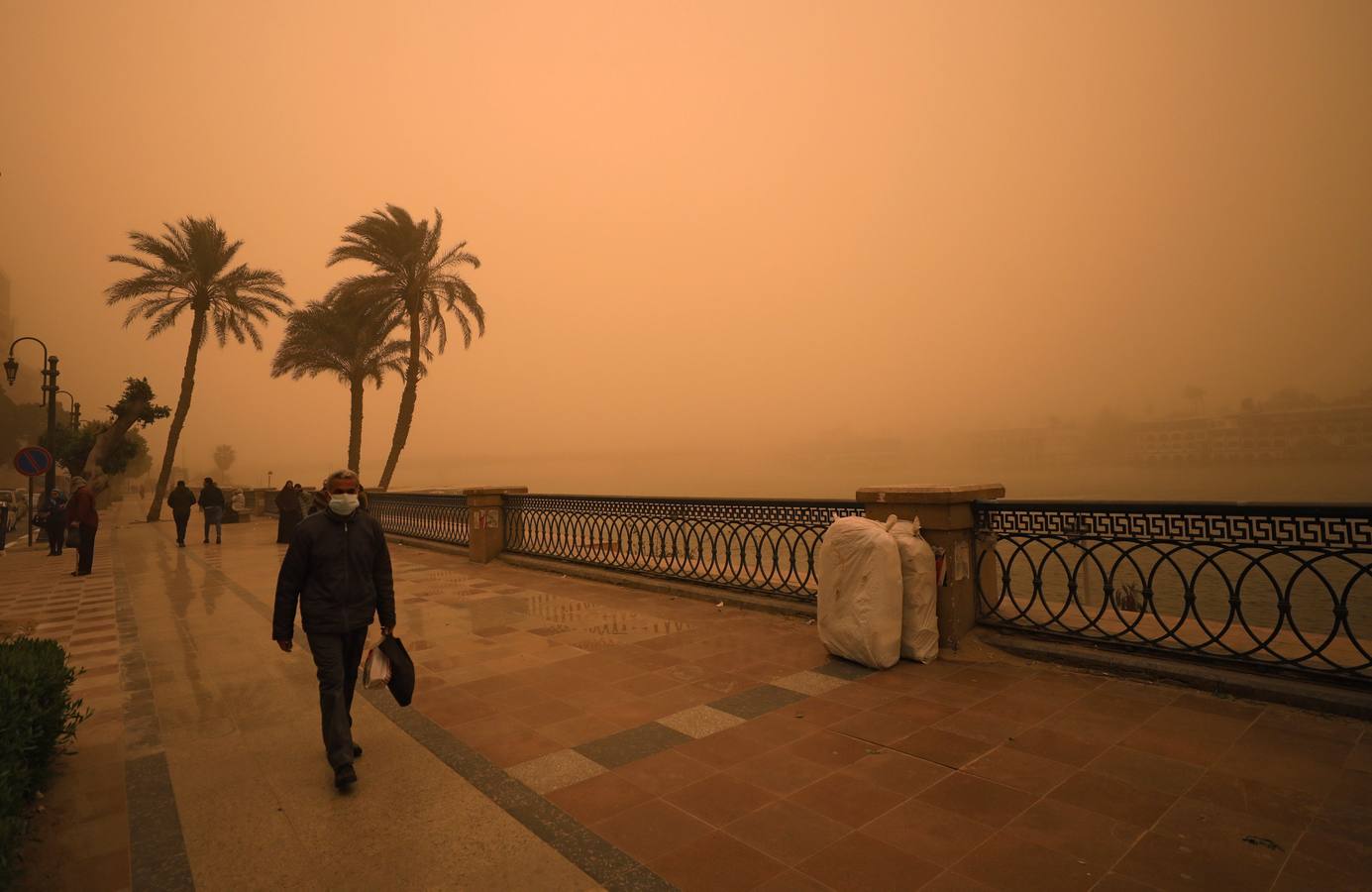 Varias personas se cubren el rostro durante una tormenta de arena en El Cairo, Egipto. La tormenta provocó que varios zoos y parques tuvieran que cerrar sus puertas al público.