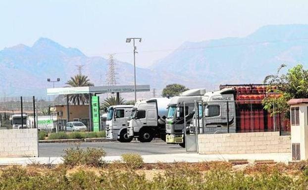 Varios camiones de gran tonelaje aparcados en un centro de transporte creado en el polígono industrial Cabezo Beaza. 