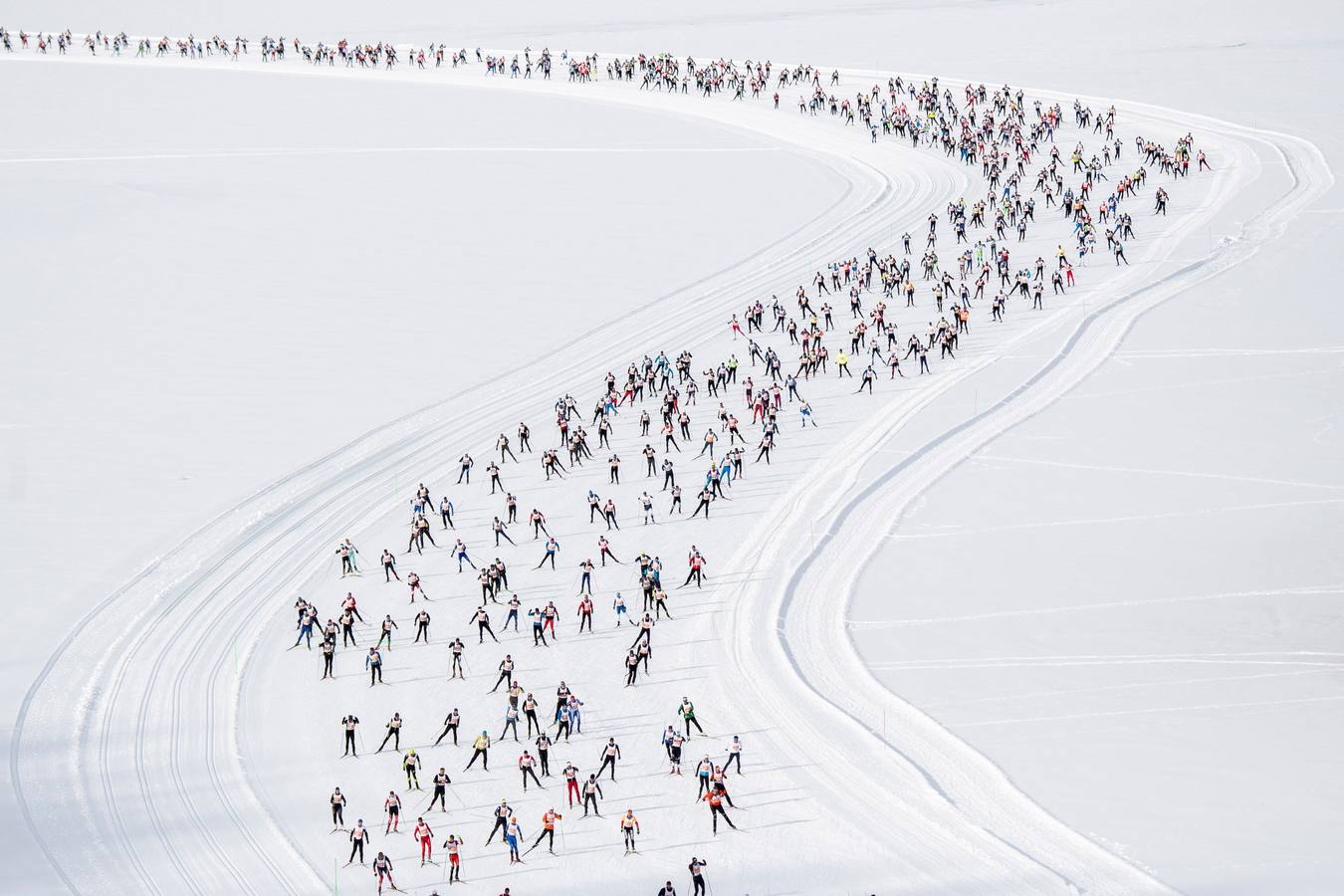 Los atletas compiten en el camino de Maloya a S-Chanf durante la 51 Maratón Anual de Esquí de Engadin en Sils, Suiza.