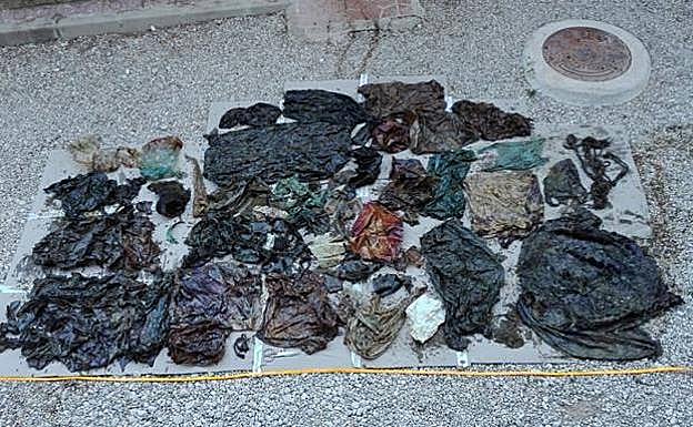 Residuos de plástico que tenía en su interior el cachalote varado en Cabo de Palos en abril de 2018 