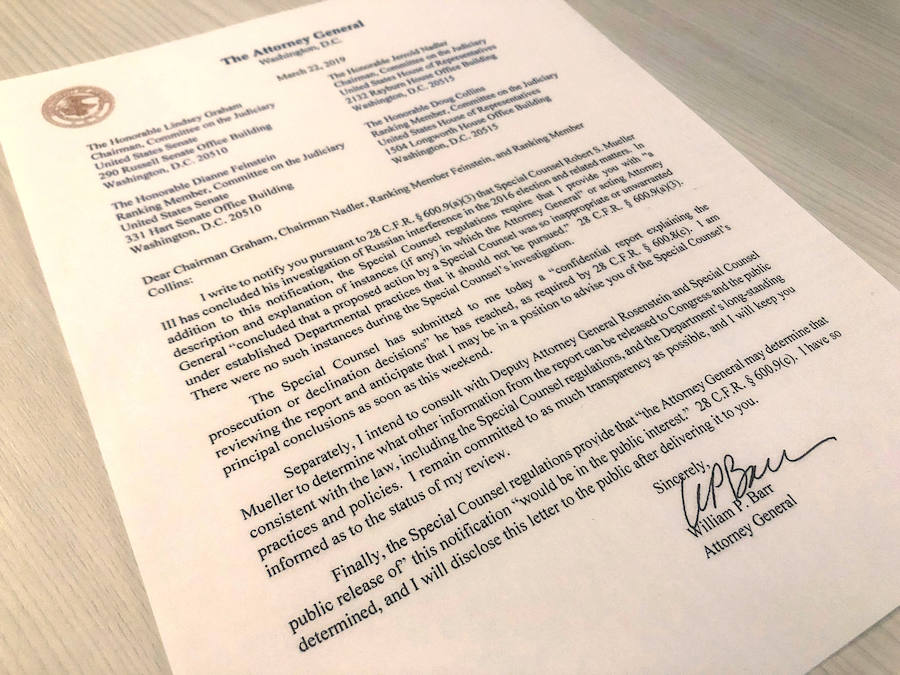 El documento entregado por Mueller al fiscal general de EE UU.