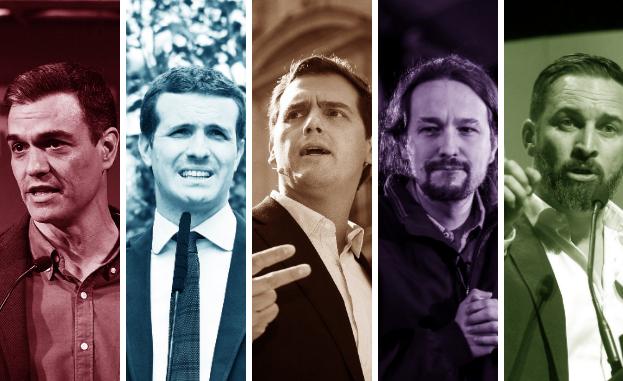 De izquierda a derecha: Pedro Sánchez, Pablo Casado, Albert Rivera, Pablo Iglesias y Santiago Abascal.