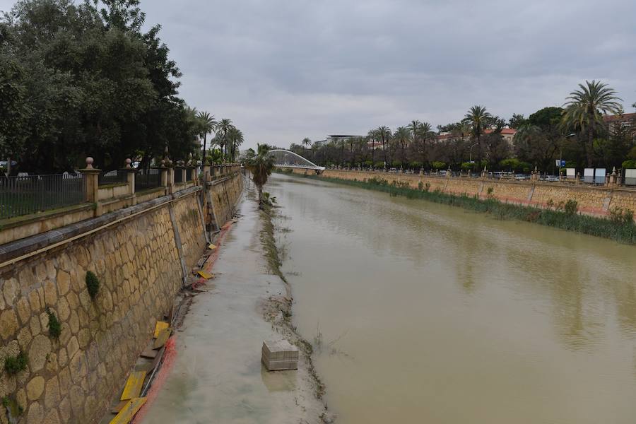 Una de las márgenes del río Segura, anegada por las lluvias de los últimos días en Murcia. 