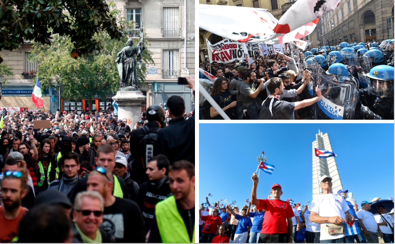 Distintas manifestaciones convocadas por los sindicatos en París (izquierda), Italia (derecha, arriba) y Cuba (derecha, abajo).