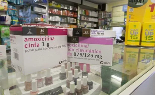 Cajas de amoxicilina en una farmacia.