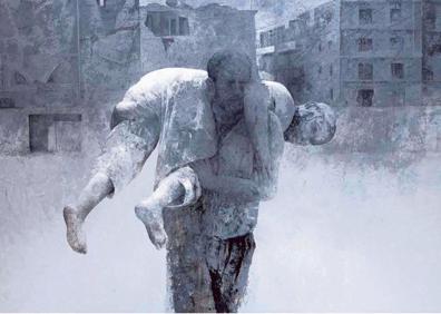 Imagen secundaria 1 - 'Carga'. Uno de los trípticos más impresionantes pintados por Pedro Cano, un homenaje-denuncia que pone la mirada sobre la terrible situación que golpea a miles de refugiados.