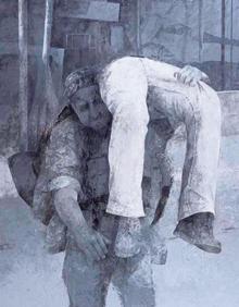 Imagen secundaria 2 - 'Carga'. Uno de los trípticos más impresionantes pintados por Pedro Cano, un homenaje-denuncia que pone la mirada sobre la terrible situación que golpea a miles de refugiados.