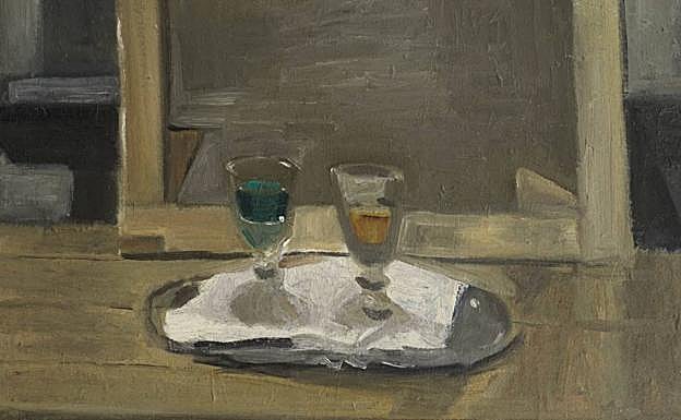 Imagen principal - 'Bandeja y dos copas'. Óleo sobre lienzo. 1969. | 'Retrato de Sofía Sandoval'. Óleo sobre lienzo. 1949. | 'Cabeza de perro'. Óleo sobre lienzo. 1980.