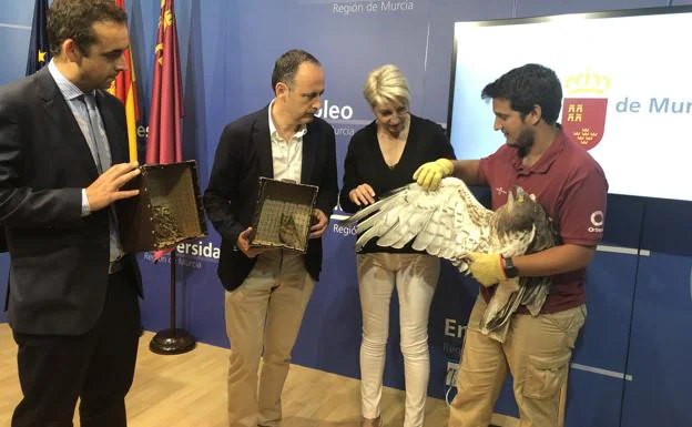 Álvaro Campos, Javier Celdrán, Consuelo Rosauro y un técnico del Centro de Recuperación de Fauna Silvestre, durante la presentación del proyecto. 