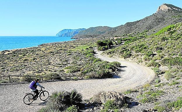 Una ciclista pedalea por el Parque Regional de Calblanque. 