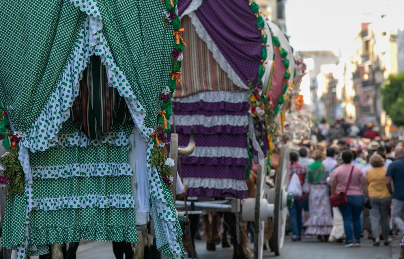 Cientos de personas participan en la romería de Pentecostés 2019, donde los peregrinos surcan los caminos hacia la aldea almonteña de El Rocío (Huelva) para honrar a la Virgen del Rocío.