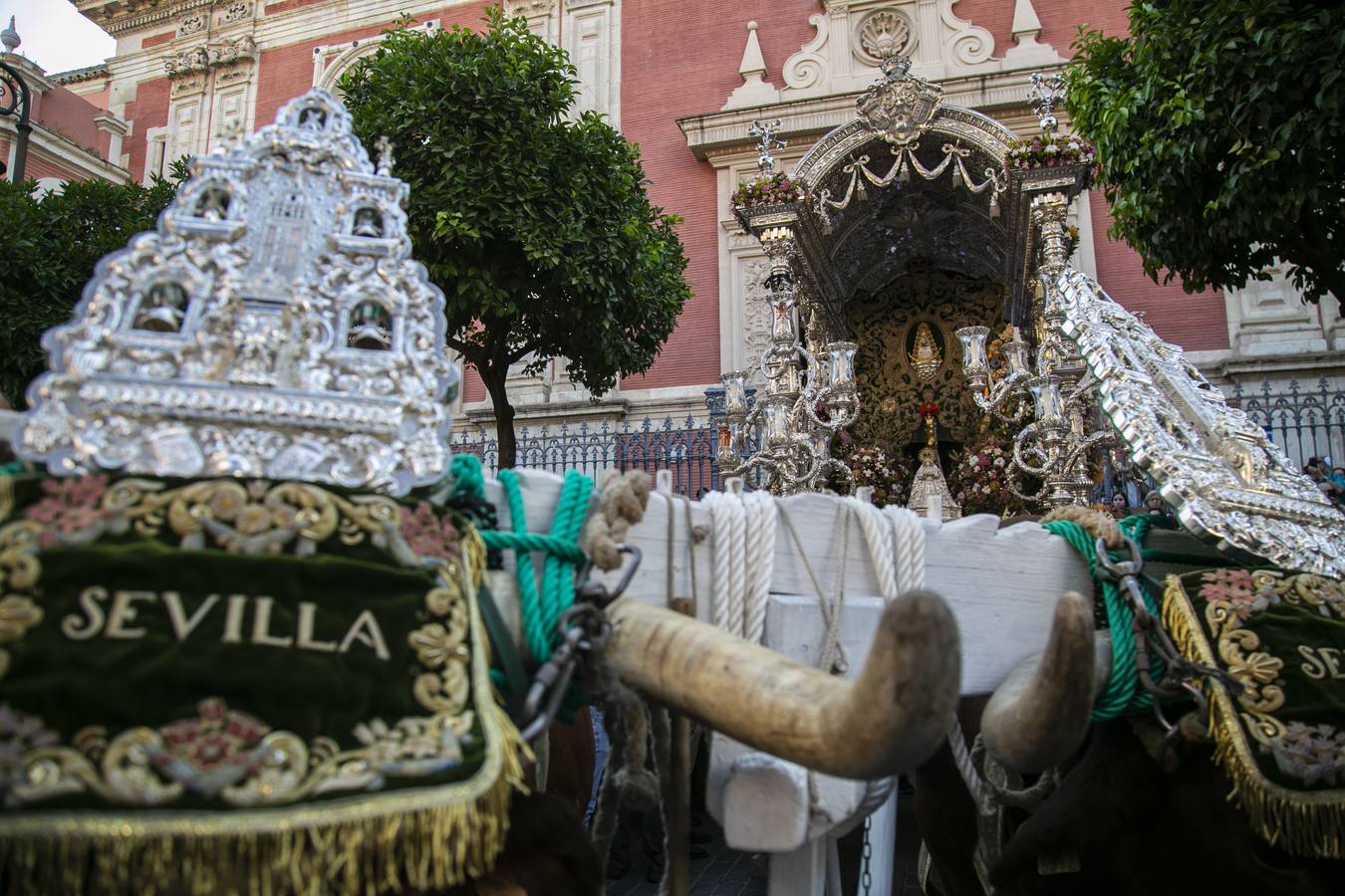 Cientos de personas participan en la romería de Pentecostés 2019, donde los peregrinos surcan los caminos hacia la aldea almonteña de El Rocío (Huelva) para honrar a la Virgen del Rocío.