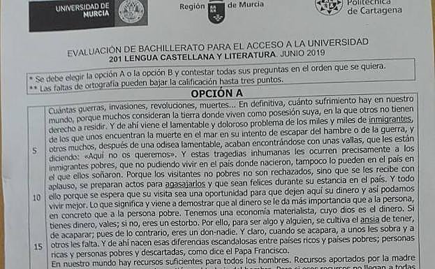 Examen de Lengua Castellana y Literatura de la EBAU 2019.