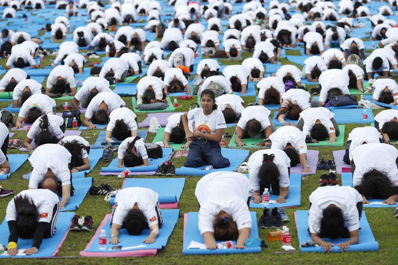 Un gran número de personas participa en la 6ª edición del Día del Yoga Los entusiastas del yoga de todo del mundo celebran este día practicando ejercicios y sesiones de respiración al aire libre para descubrir sus beneficios.