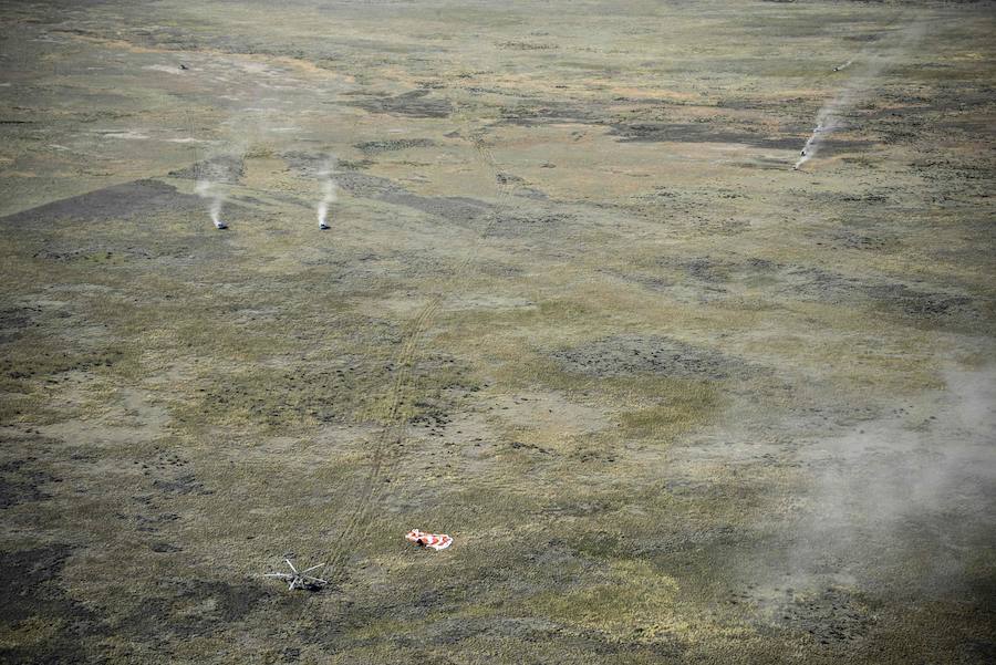 Aterrizaje de la cápsula Soyuz MS-11 con el equipo de la Estación Espacial Internacional del astronauta de la NASA Anne McClain, el cosmonauta ruso Oleg Kononenko y David Saint-Jacques de la Agencia Espacial Canadiense, en un zona remota de Kazajistán