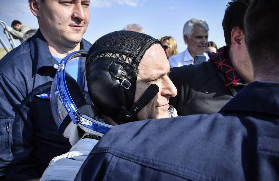 Aterrizaje de la cápsula Soyuz MS-11 con el equipo de la Estación Espacial Internacional del astronauta de la NASA Anne McClain, el cosmonauta ruso Oleg Kononenko y David Saint-Jacques de la Agencia Espacial Canadiense, en un zona remota de Kazajistán