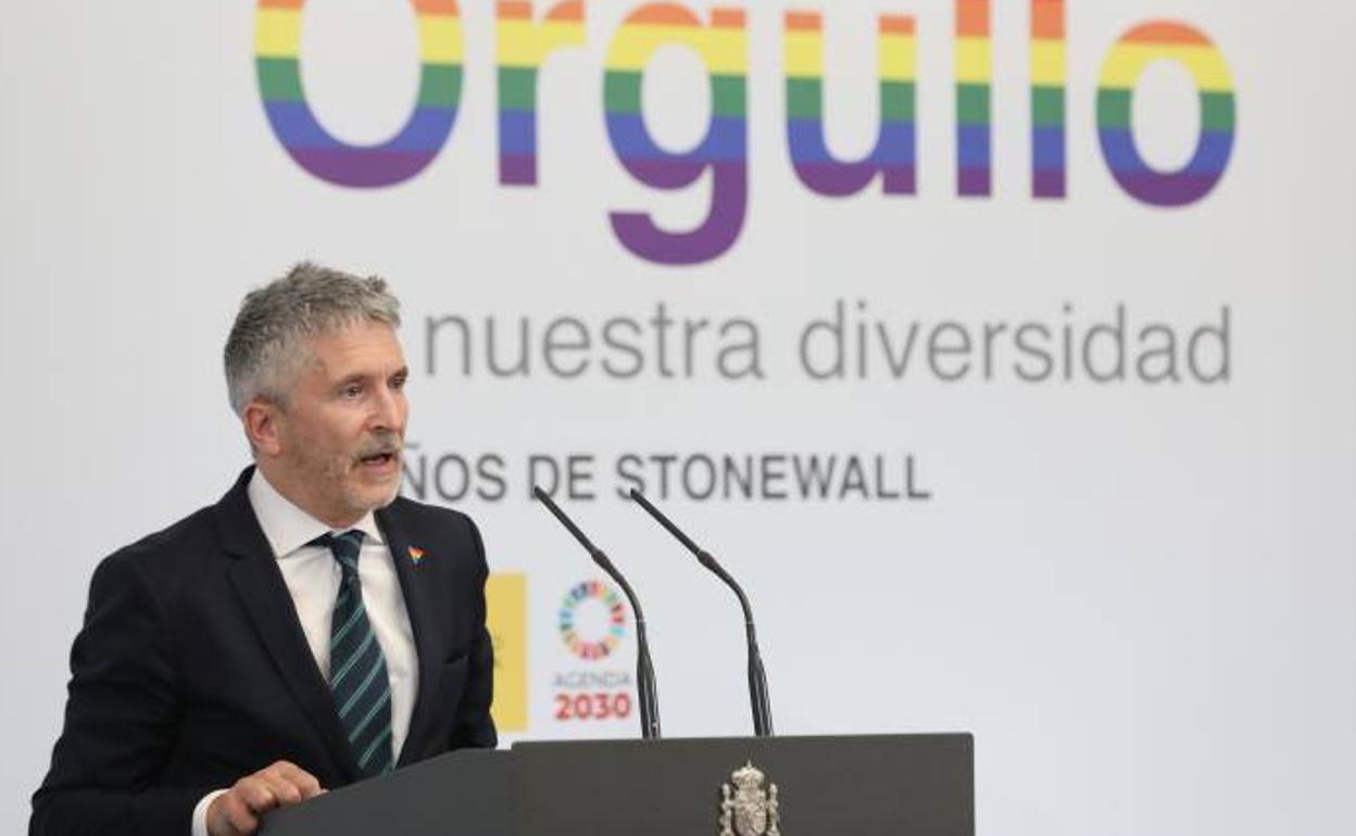 Fernando Grande-Marlaska, durante su intervención en el acto de recibimiento a representantes del colectivo LGTBI en La Moncloa. 