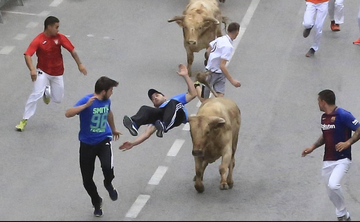 Un novillo golpea, este jueves, a un hombre en el tercer encierro de Cieza.