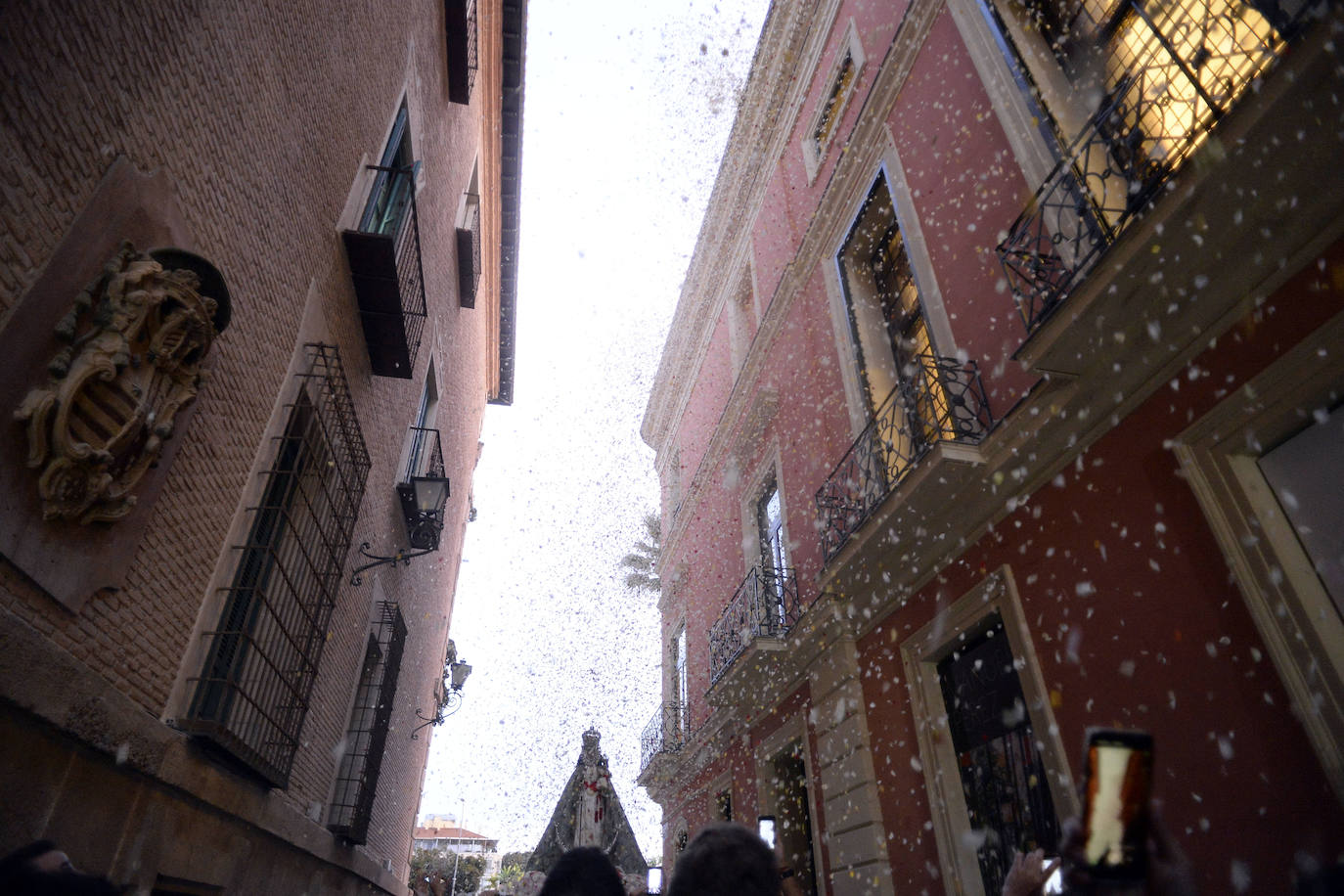 Miles de devotos acompañaron a La Patrona hasta la plaza Cardenal Belluga, donde fue recibida por una petalada formada por 10.000 pétalos de rosa