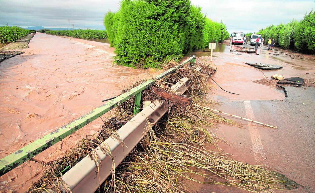 Destrozos en la carretera de Los Beatos a La Palma, en el Campo de Cartagena, con fincas de arbolado encharcadas. 