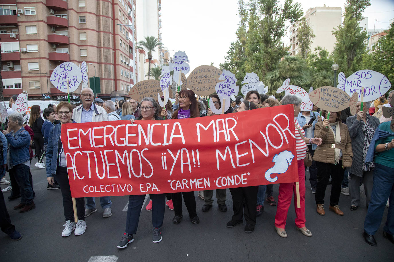 Los manifestantes que este miércoles pidieron medidas para salvar al Mar Menor derrocharon ingenio y creativiad en sus carteles y pancartas.