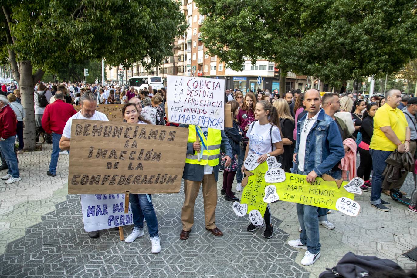 Los manifestantes que este miércoles pidieron medidas para salvar al Mar Menor derrocharon ingenio y creativiad en sus carteles y pancartas.