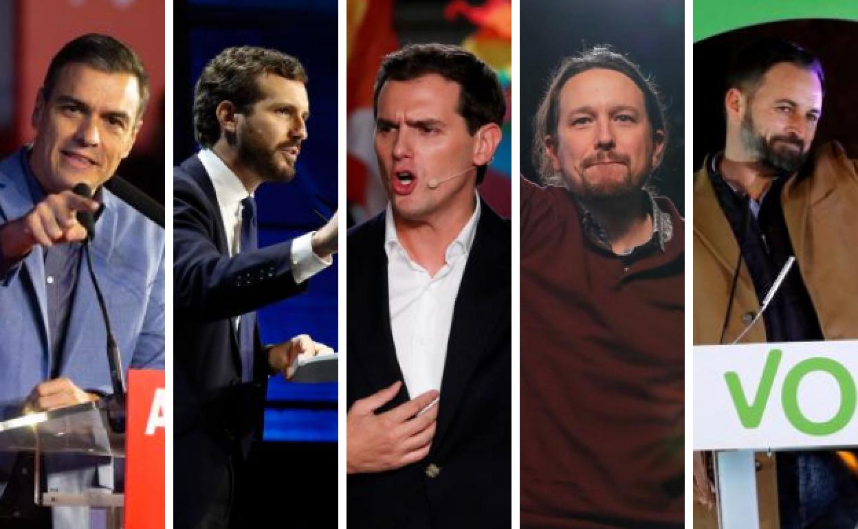 De izquierda a derecha. Pedro Sánchez (PSOE), Pablo Casado (PP), Albert Rivera (Ciudadanos), Pablo Iglesias (Unidas Podemos) y Santiago Abascal (Vox).