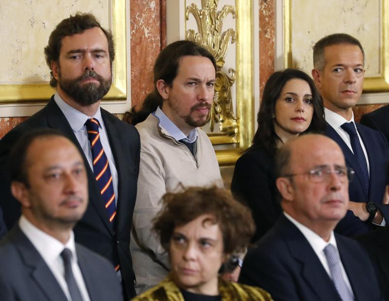 Iván Espinosa de los Monteros (Vox), Pablo Iglesias (Podemos) e Inés Arrimadas (Ciudadanos).