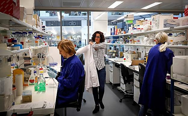 Imagen principal - Arriba, la científica Patricia Barral, en el King's College de Londres. A la derecha, la química Itziar Peñafiel, en Manchester, y el ingeniero electrónico Miguel Cacho, en la capital británica. 