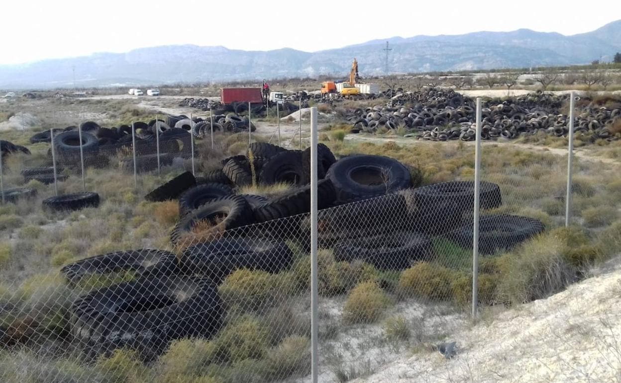 Neumáticos acumulados en un vertedero ilegal en Campos del Río.