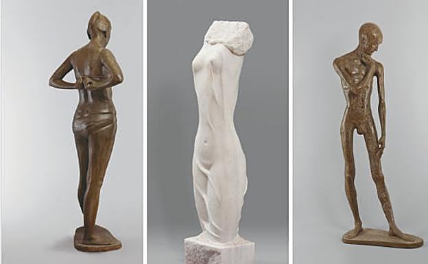 'Mariola, mi mujer', escayola patinada de 1973. | 'La mujer de la columna', mármol blanco de 1990. | 'El adolescente', bronce patinado de mediados de los años 80. 