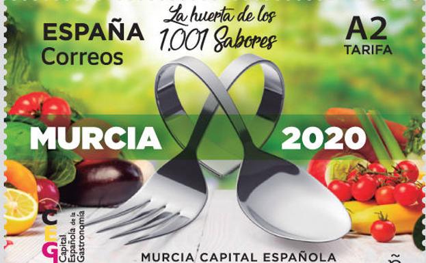 Sello de Correos en homenaje a Murcia Capital Española de la Gastronomía 2020.