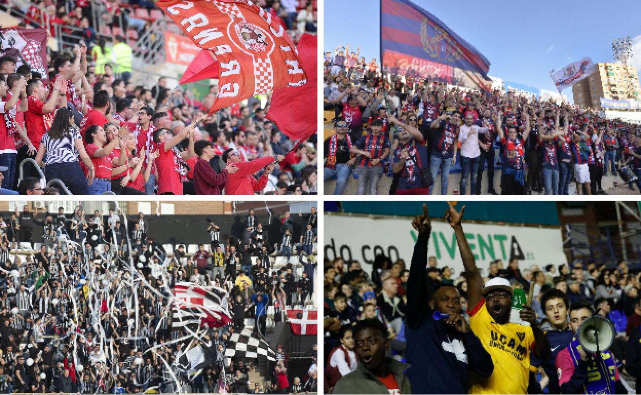 La grada del Enrique Roca, el pasado 23 de febrero. La afición yeclana, en La Condomina, el pasado 1 de marzo. La grada del Cartagonova ante el Marbella, el pasado 1 de marzo. La peña Bluegold del UCAM, en un choque de esta temporada. 