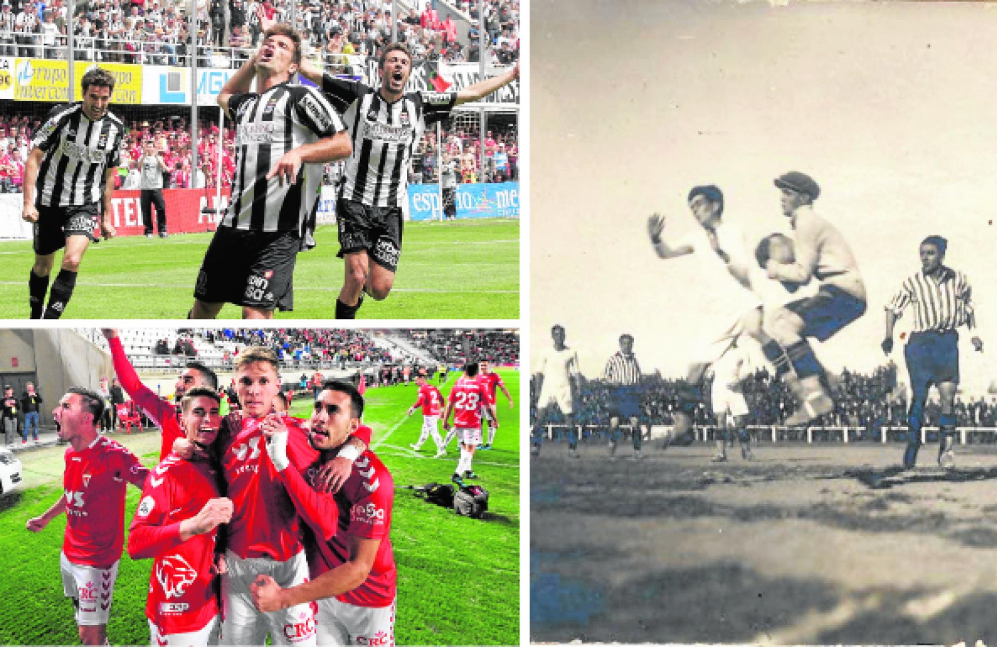 De Lucas celebra un gol en el duelo del 2010; abajo, Edu Luna enseña el escudo en el último derbi. A la derecha, Amadeo, portero del Cartagena, en el Almarjal en 1926. 