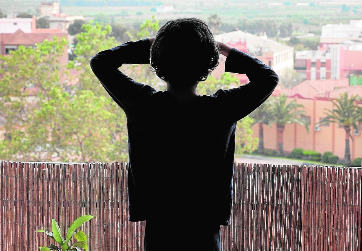 Un niño mira la calle desde la terraza de su casa, durante el confinamiento. 