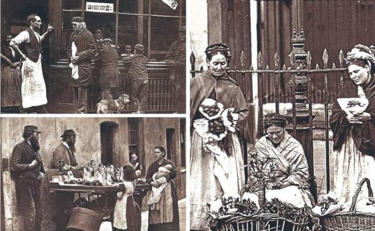 Pobreza. Vendedoras de flores, mendigos y niños en la calle a escasa distancia de la opulencia de la nueva burguesía inglesa.
