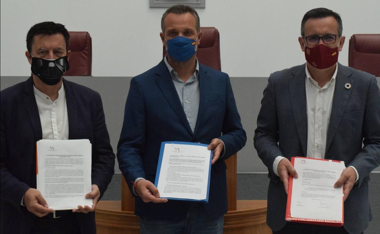 Juan José Molina (Cs), Joaquín Segado (PP) y Diego Conesa (PSOE), este martes, presentan en la Asamblea Regional las enmiendas a la ley de Protección Integral del Mar Menor.