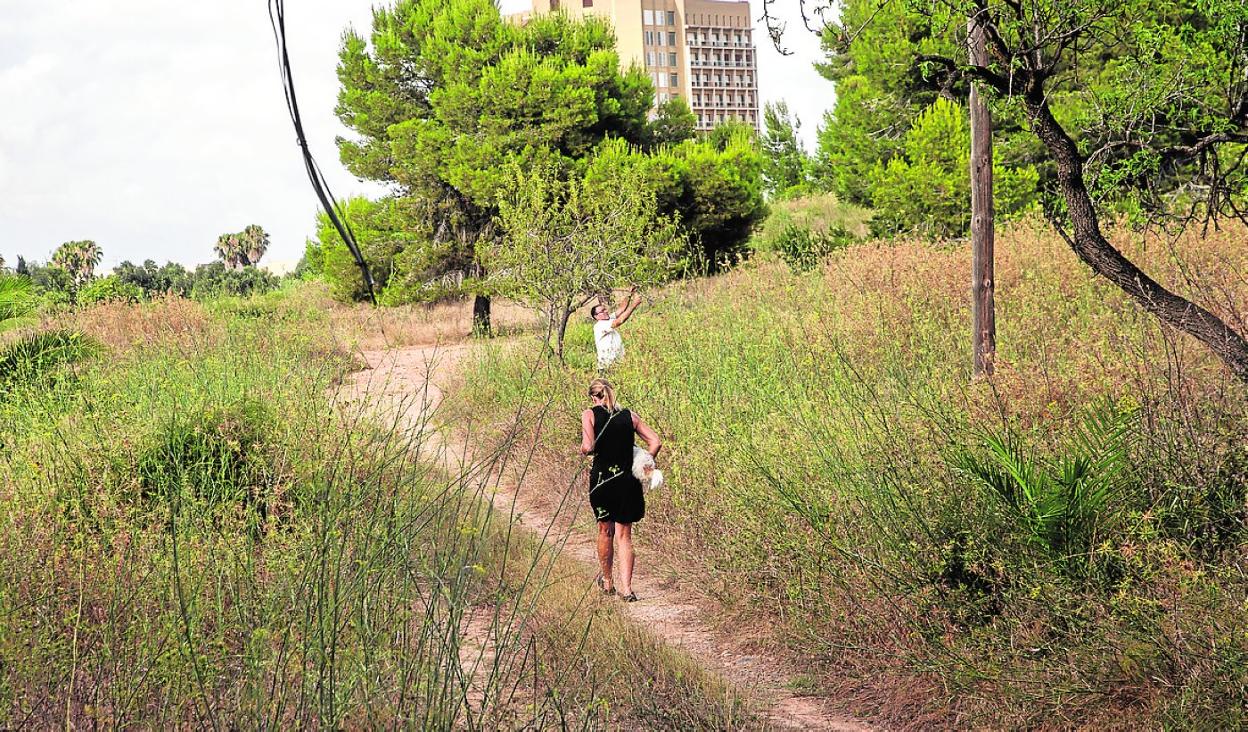 Dos personas pasan por terrenos donde se construirá la urbanización. 