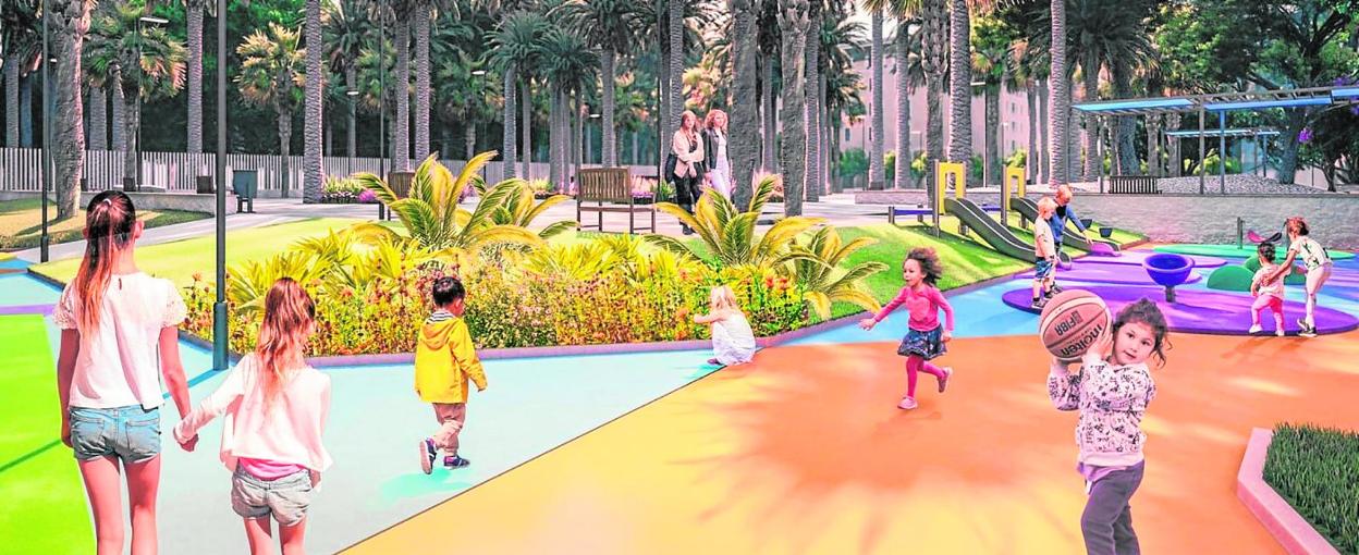 Imágenes virtuales de cómo va a quedar la zona de juegos infantil cuando concluya la remodelación del jardín Palmeral del barrio murciano de La Paz. 