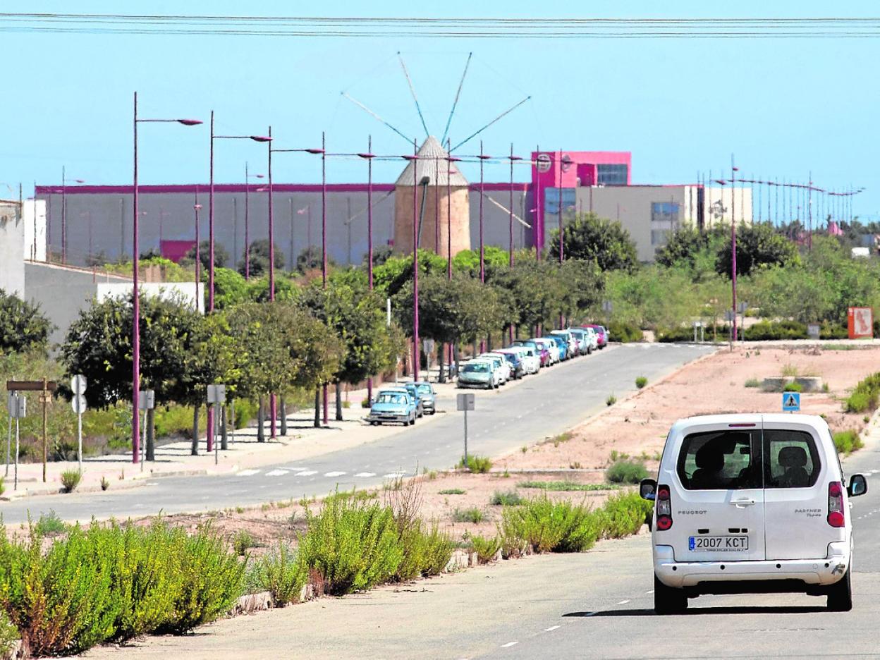 Un coche circula por la avenida del Carbono de Los Camachos, cuya mediana está llena de matorrales.