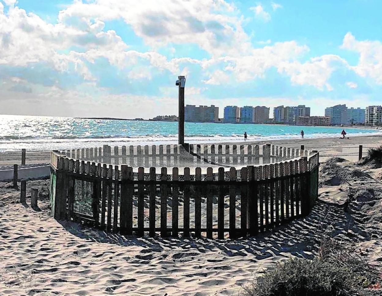 El nido de tortuga boba en la ensenada del Esparto (La Manga). Sobre el poste del centro, las cámaras de videovigilancia y grabación. 