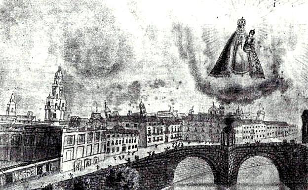 El histórico grabado con la imagen de la Patrona que inmortalizó la instantánea del terremoto de 1829. 