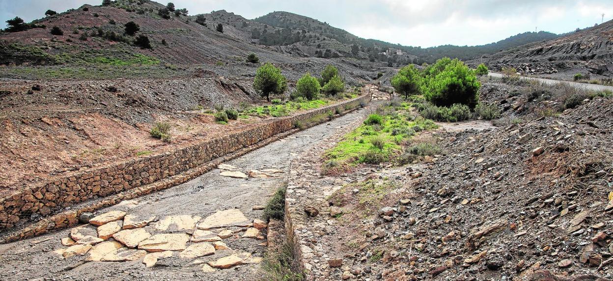 Cauce de la rambla de Mendoza, en las inmediaciones de Llano del Beal, en una imagen tomada tras unas lluvias en febrero. 
