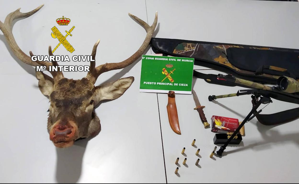 La cabeza del venado encontrada por la Policía junto al machete y el rifle decomisados.