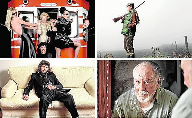 Arriba, la troupe de Almodóvar y Delibes de caza. Abajo, Camarón de la Isla y Ramón Gaya.