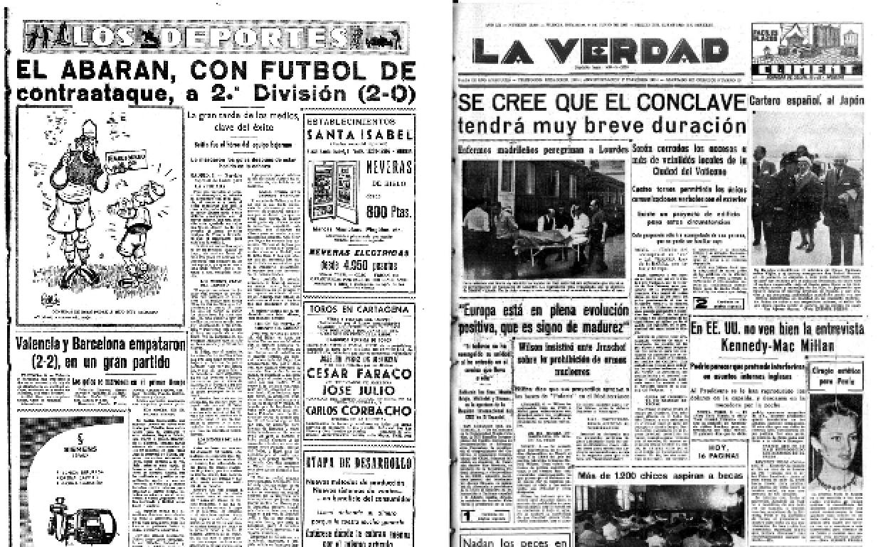 09/06/1963 El ascenso del Abarán a Segunda mereció llamada en primera y apertura a cinco columnas en las páginas de Deportes de LA VERDAD, con viñeta de Baldo incluida.